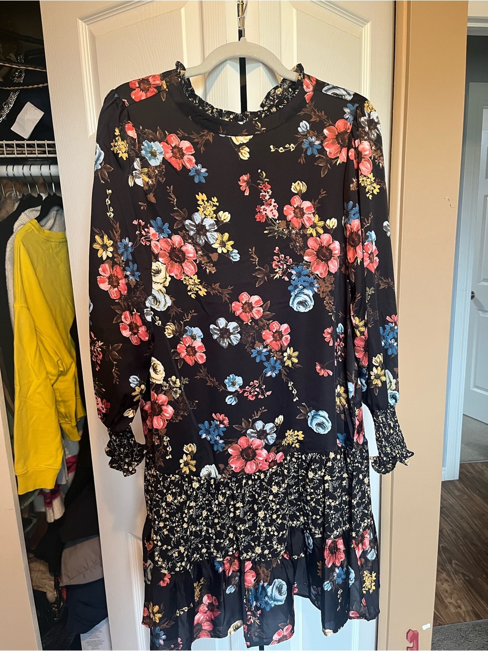 Floral Ruffle Hem Long Sleeve Dress - Black with Pink & Blue Flowers